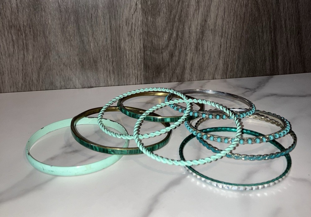 Vintage Green & Teal Metal Bangles Boho Stackable Retro Bracelets x 9