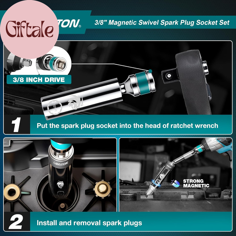 8PCS 3/8"Dr. Magnetic Spark Plug Socket Set, Include Gapper & Extension Bar, Swi