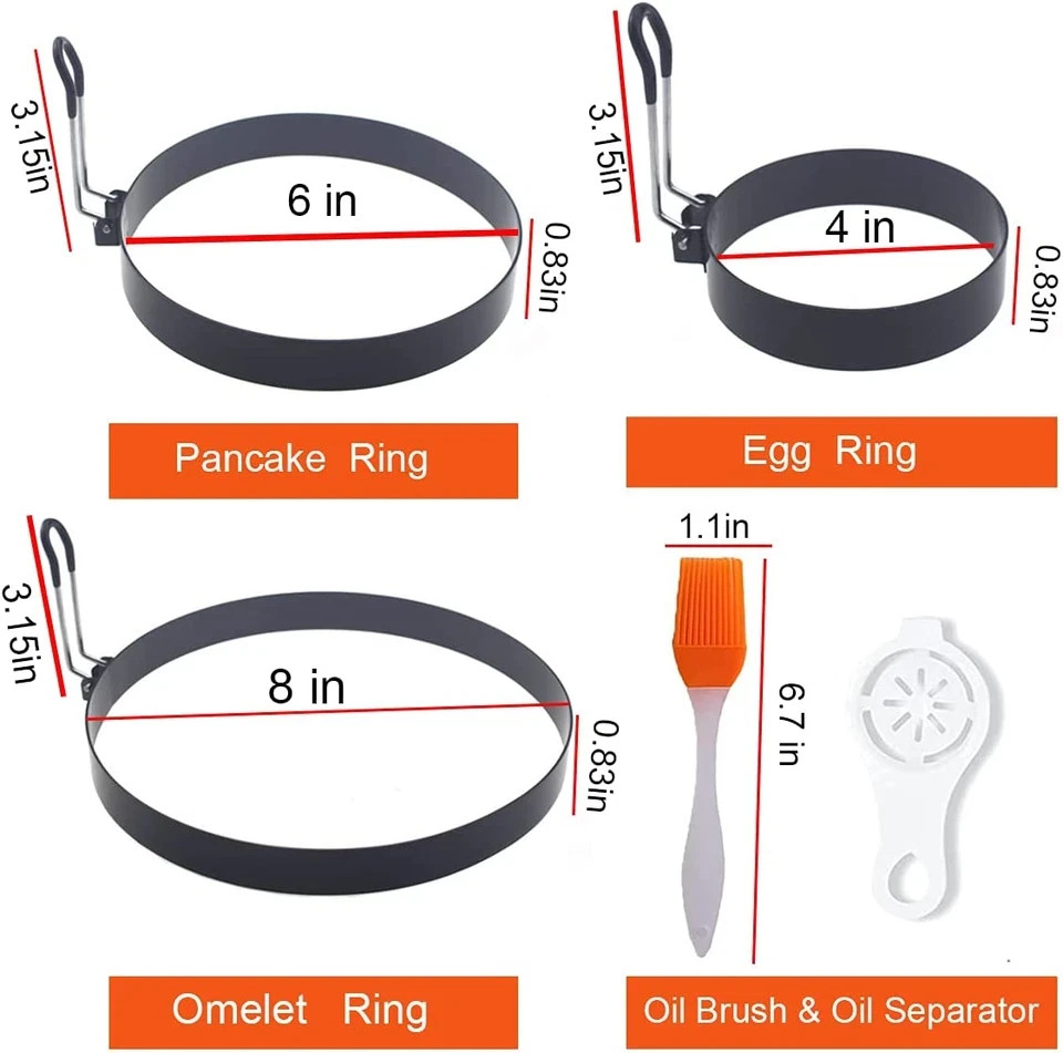 8" Omelette Ring,6" Pancake Ring,4" Griddle Egg Ring,Non-Stick Stainless Steel E