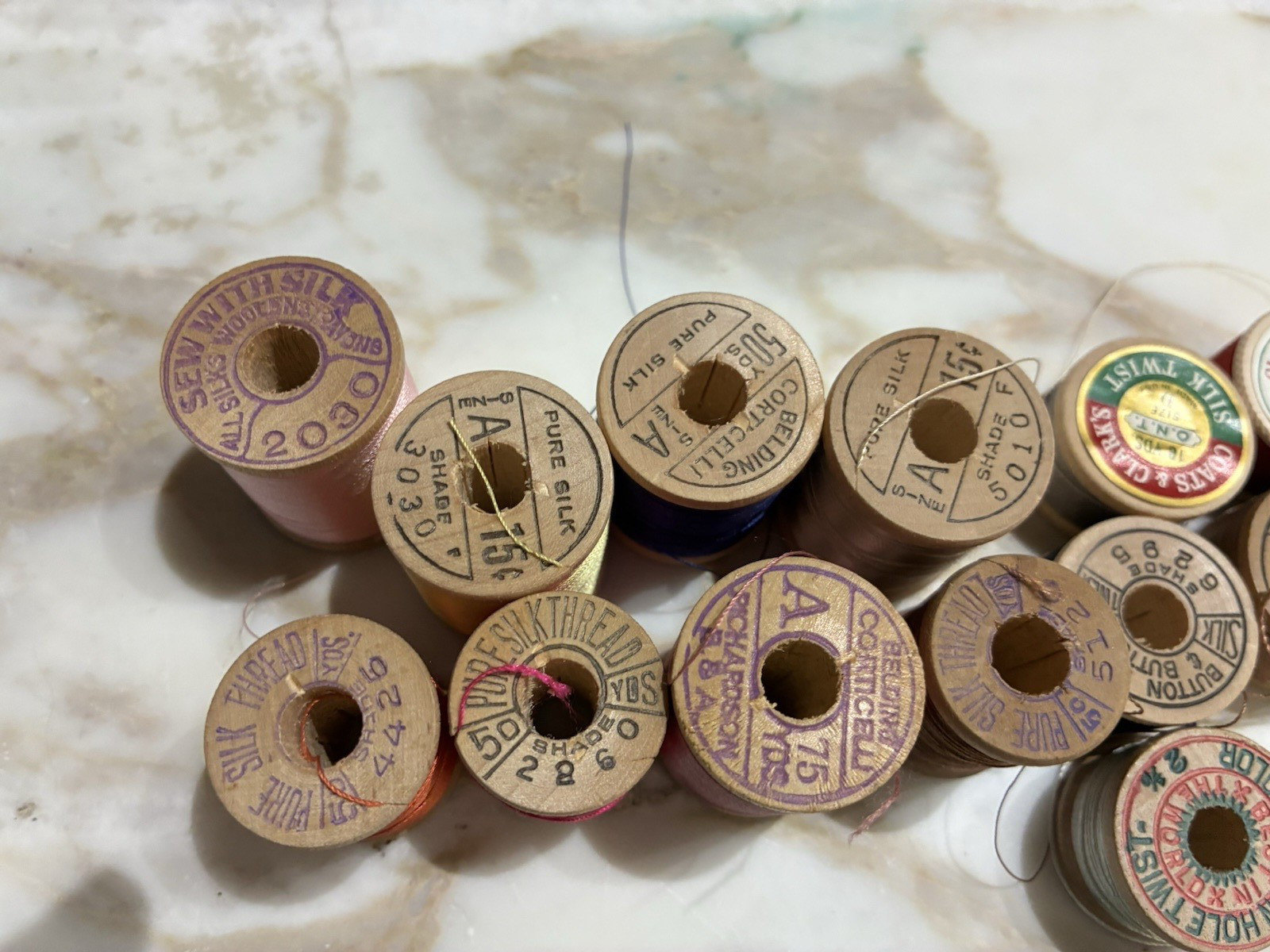 14 vintage silk thread most on wooden spools