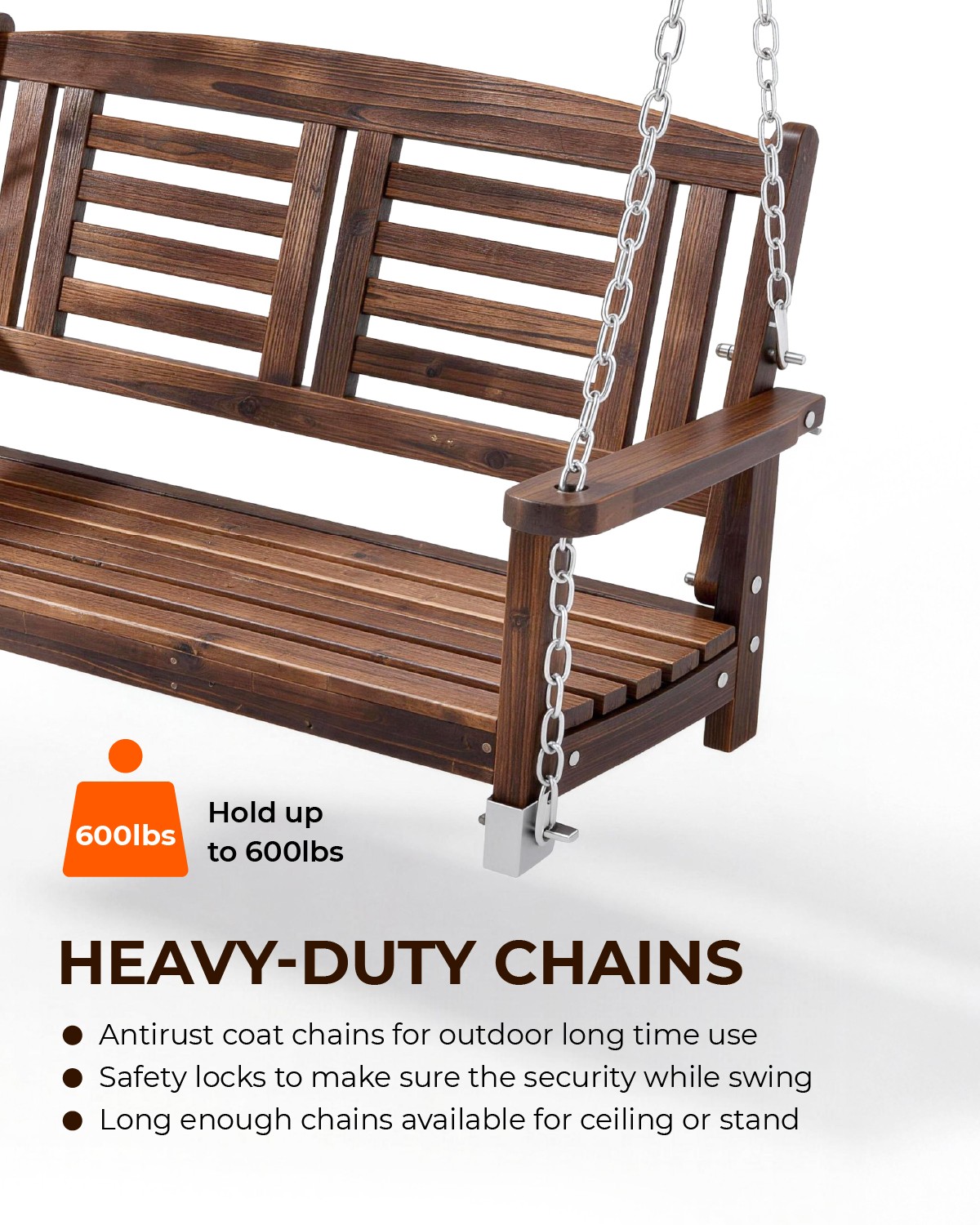 Wooden Porch Swing Chair 4FT with Hanging Chains Heavy Duty for Outdoor Patio