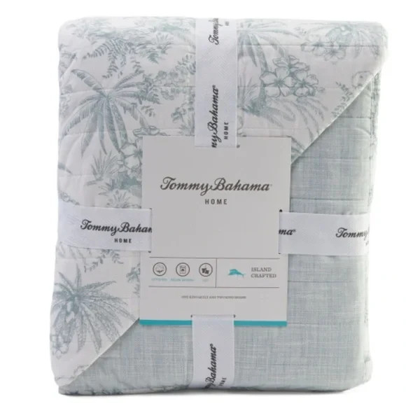 Tommy Bahama Pin & Ink Palm quilt set QUEEN/FULL green reversible 100% cotton NW