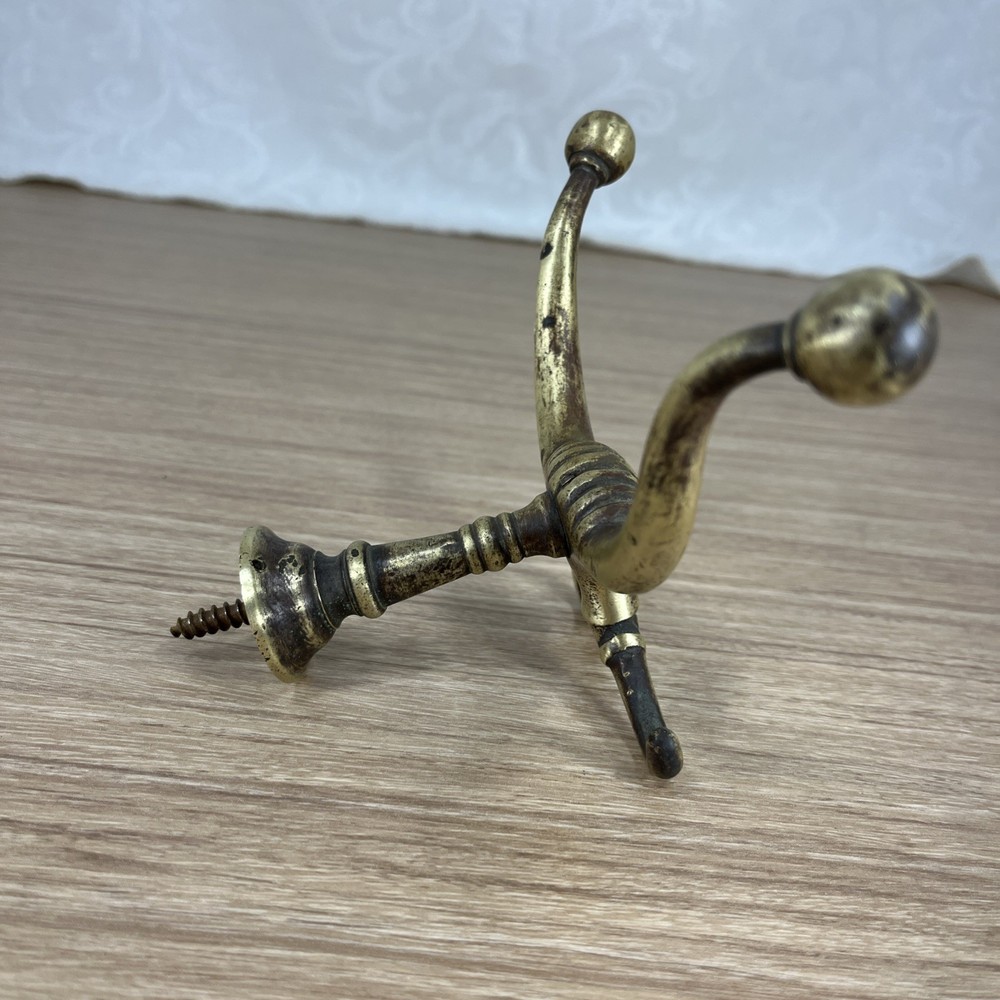 Vintage Antique Original Solid Brass 4-Post Coat & Hat Hook Wall Mount Screw In