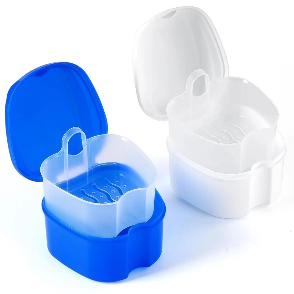 2Pcs JMU Dental Denture Bath Case Cup Box Holder Storage Soak with Strainer