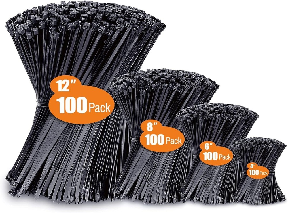 Assorted Zip Ties 400 Pack - Durable, UV Resistant, Various Sizes 4-12 Inch