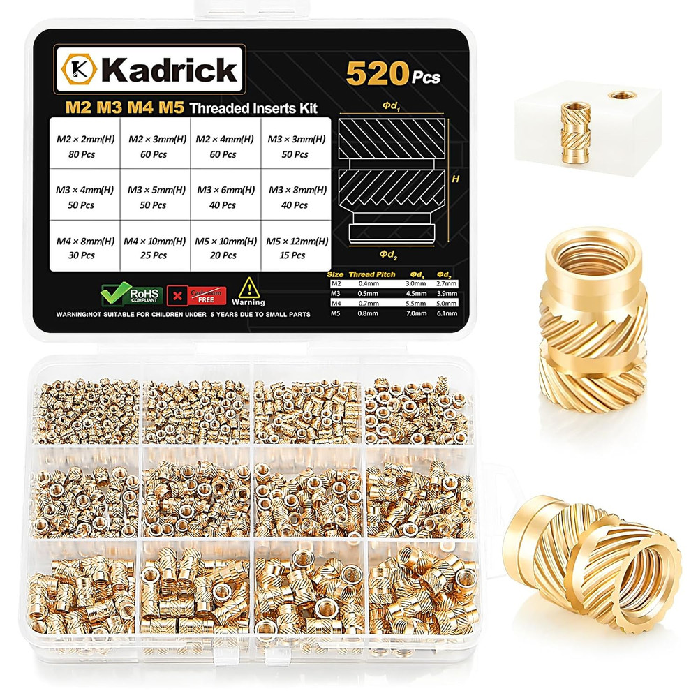 520Pcs M2 M3 M4 M5 Threaded Inserts Assortment Kit for 3D Printing Components, M