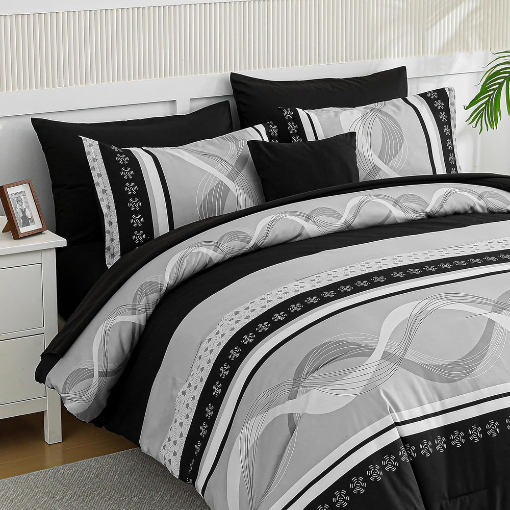 Black Comforter Set Queen Size,8 Pieces Boho Bed in a Bag Patchwork Striped Comf