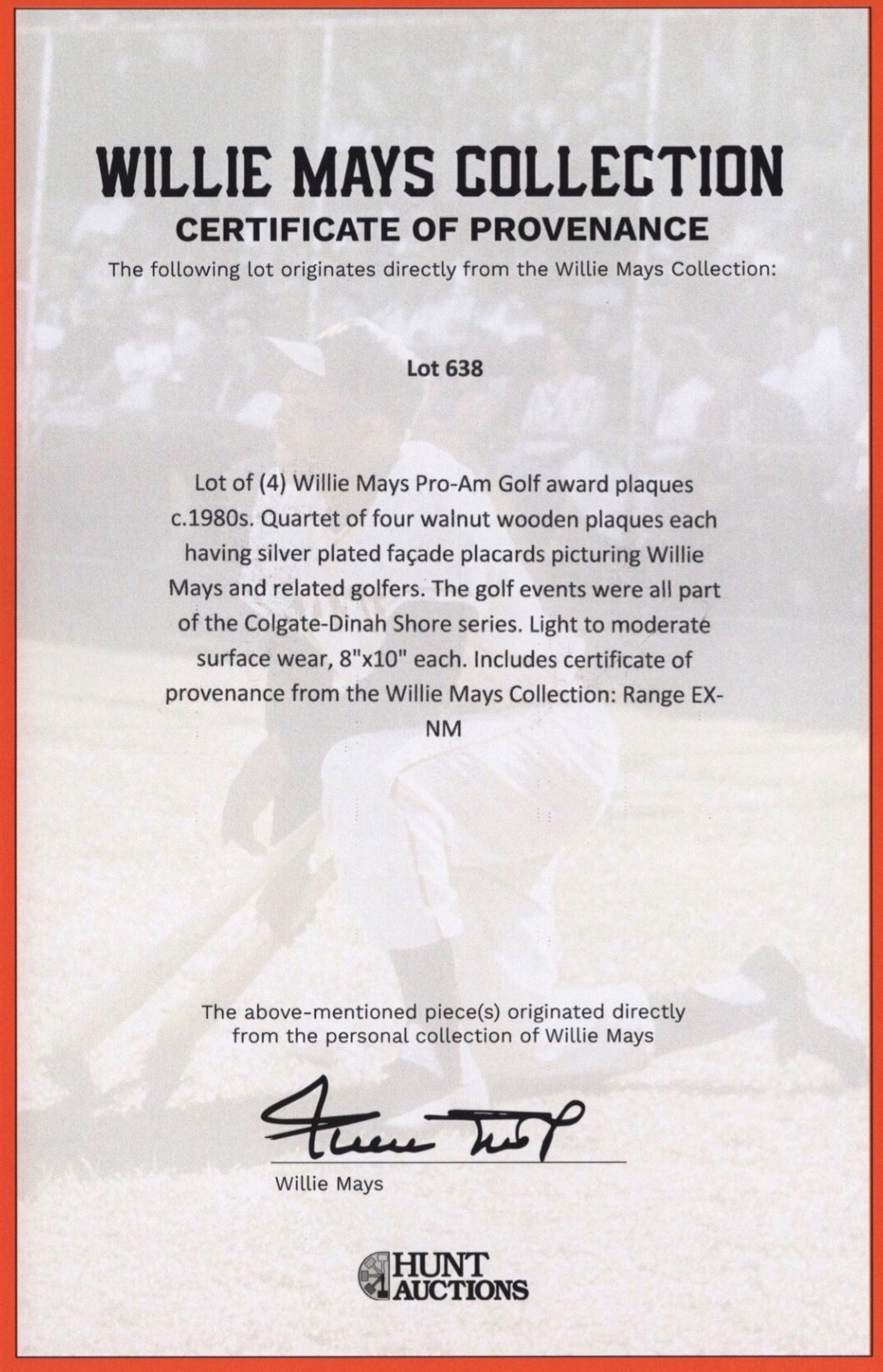 Willie Mays Personally Owned Pro-Am Golf Participant Dinah Shore Winners Circle