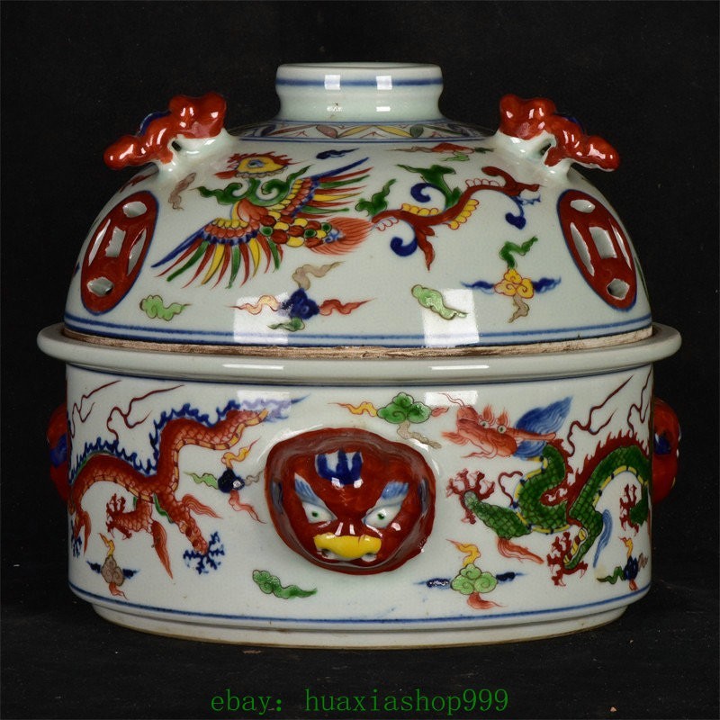 10.2"Wucai Porcelain Dragon Loong Beast Phonix Tiger Head incense burner Censer