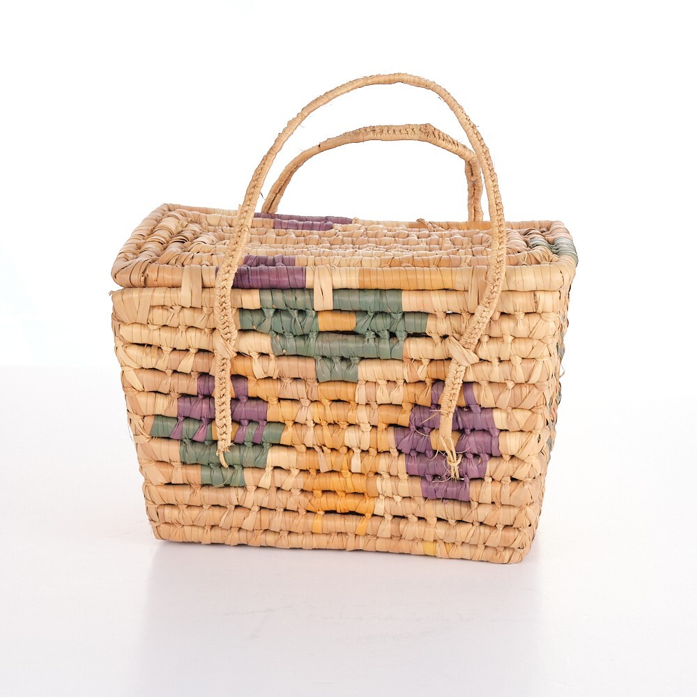 Multi-Colored Straw & Reams Floral Pattern Picnic Basket