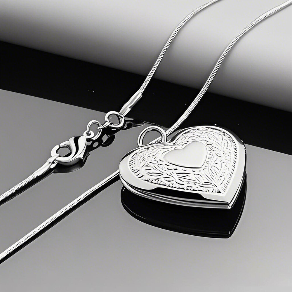 925 Sterling Silver Plated Heart Necklace, Locket Photo Picture Pendant 18" N1