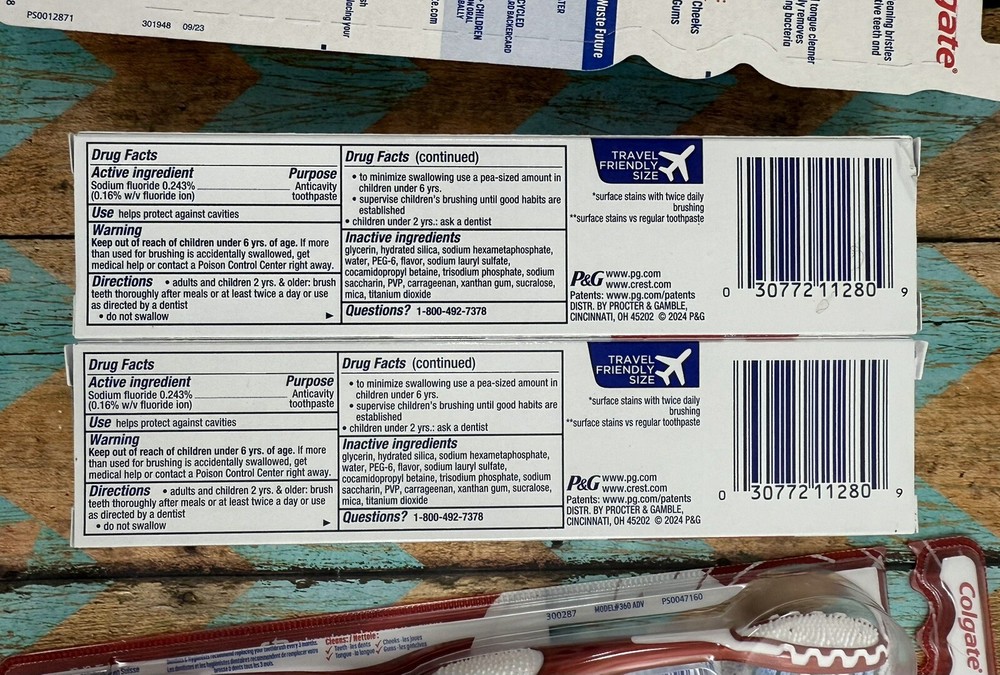 2)CREST 3D WHITE Toothpaste Mint 6/27 +4)COLGATE 360 Toothbrushes Extra,Soft,Med