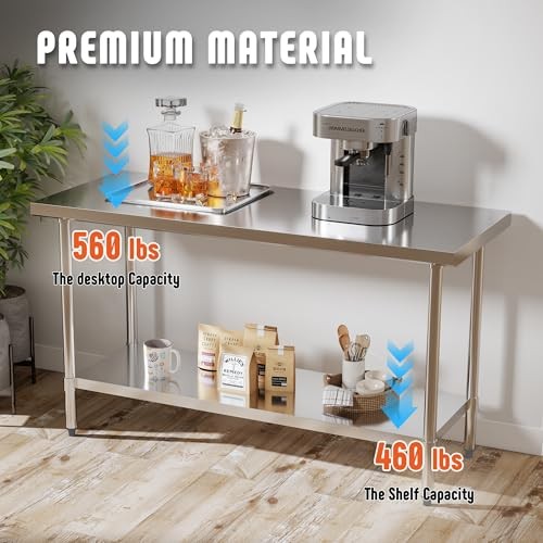 Stainless Steel Table with Adjustable Undershelf Tabletop, Heavy Duty 24" x 60"