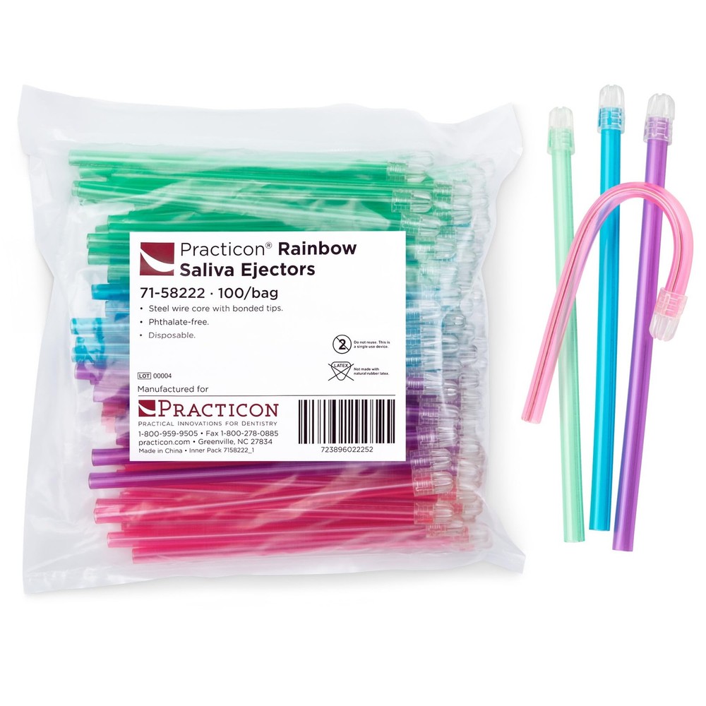 Practicon Rainbow Disposable Saliva Ejectors, 4 Assorted Bright Colors, Dental E
