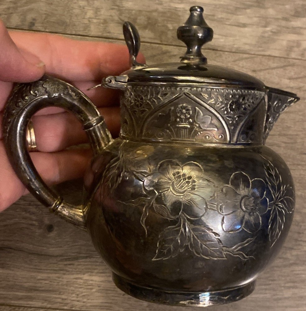 Silver Plated Hand Carved Ornate Milk Pitcher Jug W Lid 5.5x5x4”beautiful EUC