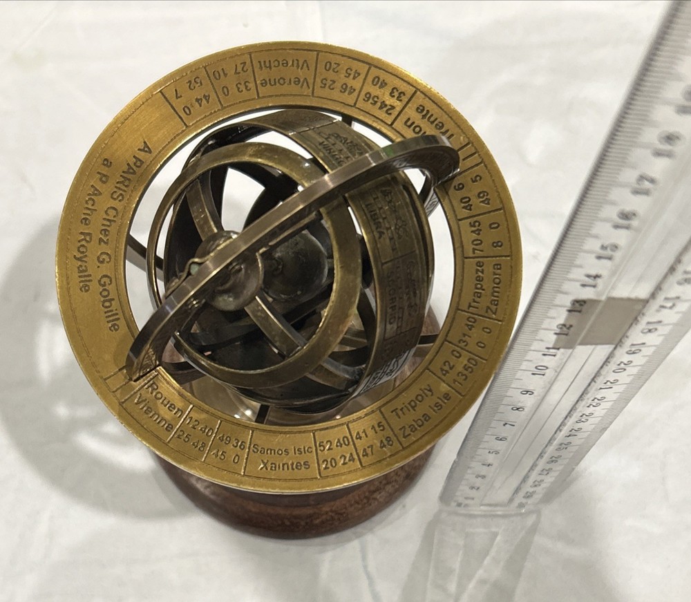 SOLID BRASS ARMILLARY WITH WOODEN BASE
