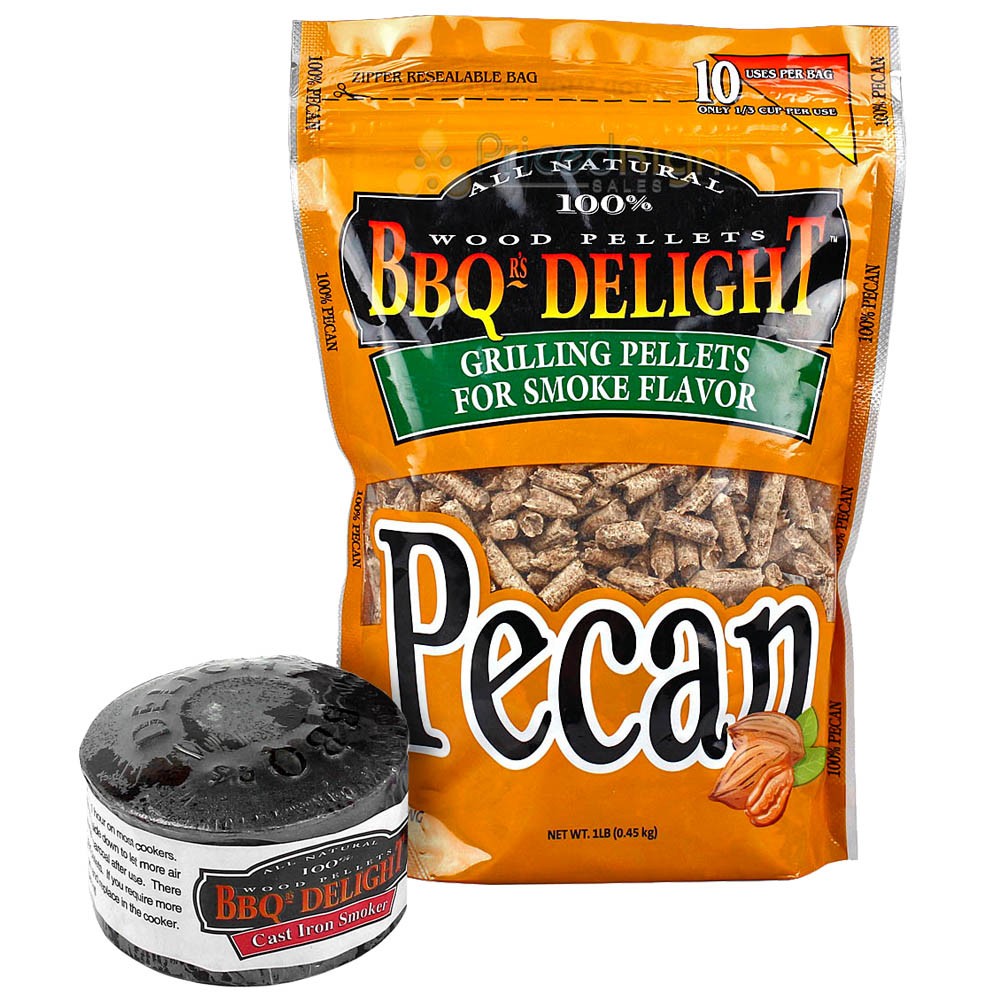 BBQr's Delight Cast Iron Smoker for Grills with 1lb Bag of Pecan Blend Pellets