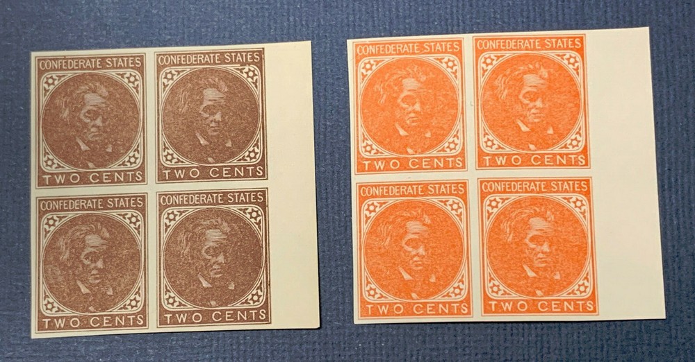 Confederate States of America 2 Reprint Blocks 2 Cent Calhoun Orange and Brown |