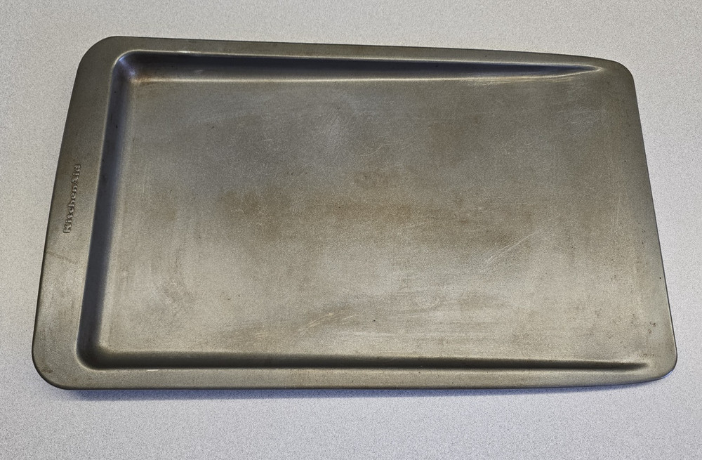 KitchenAid Large Cookie Baking Sheet Slider Pan Dark Metal Drip Pan Slanted