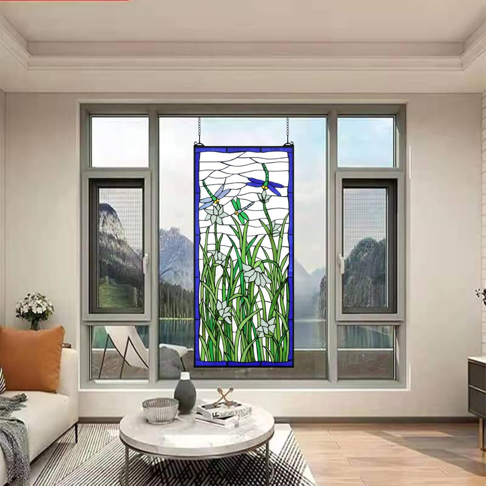 40" Extra Large Stained Glass Transom Window Panel with Chain