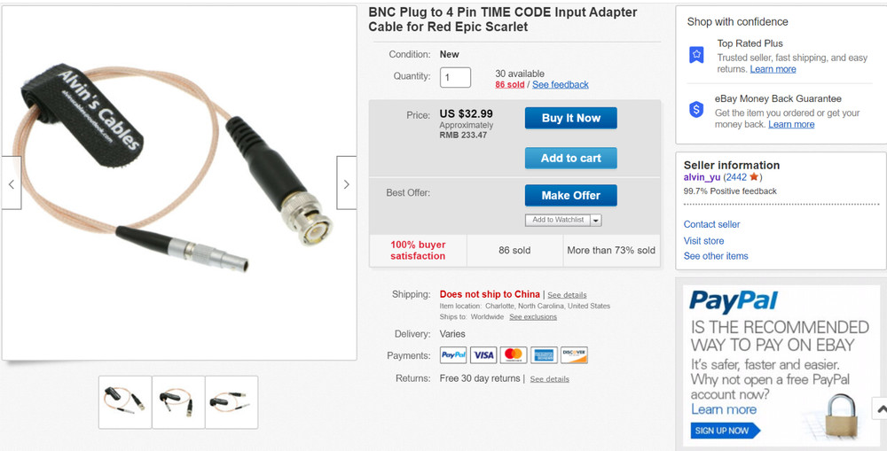 BNC Plug to 4 Pin TIME CODE Input Adapter Cable for Red Epic Scarlet