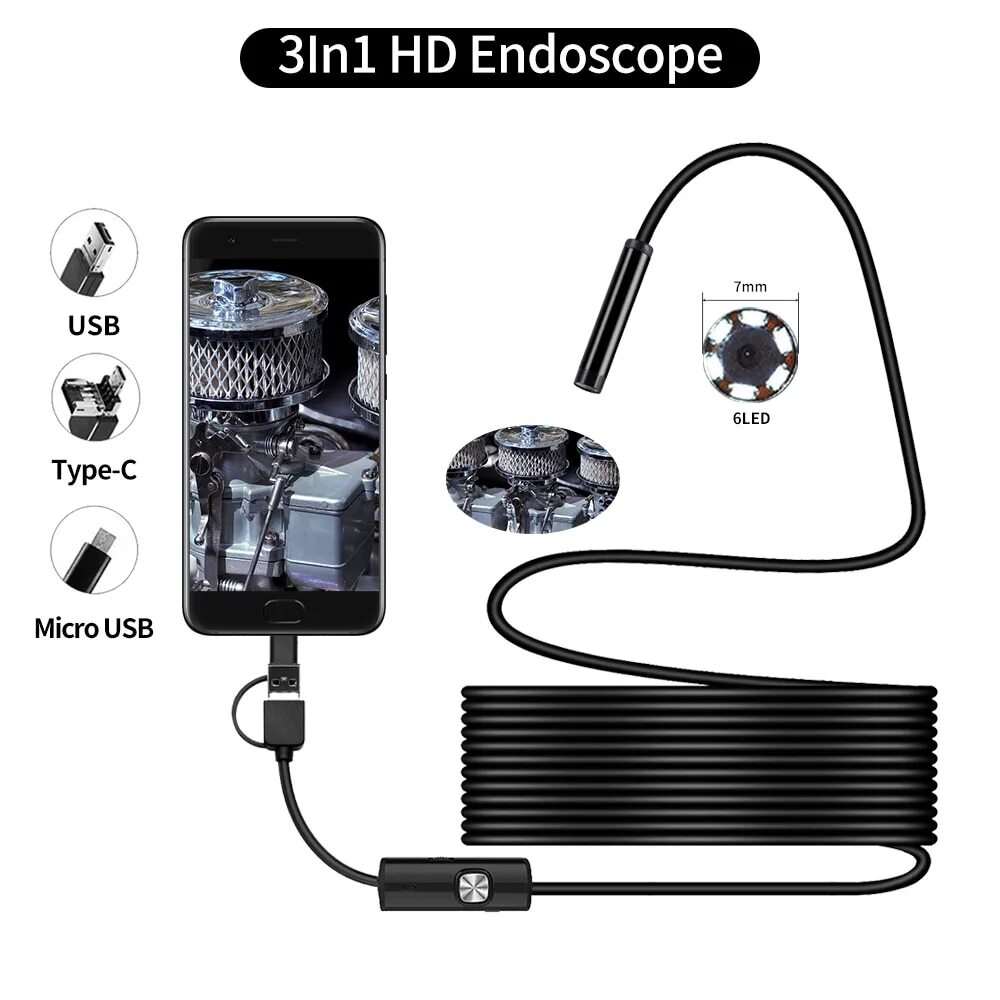 For Android PC 16FT/5M 3 IN 1 Snake Endoscope Borescope Inspection Camera Scope