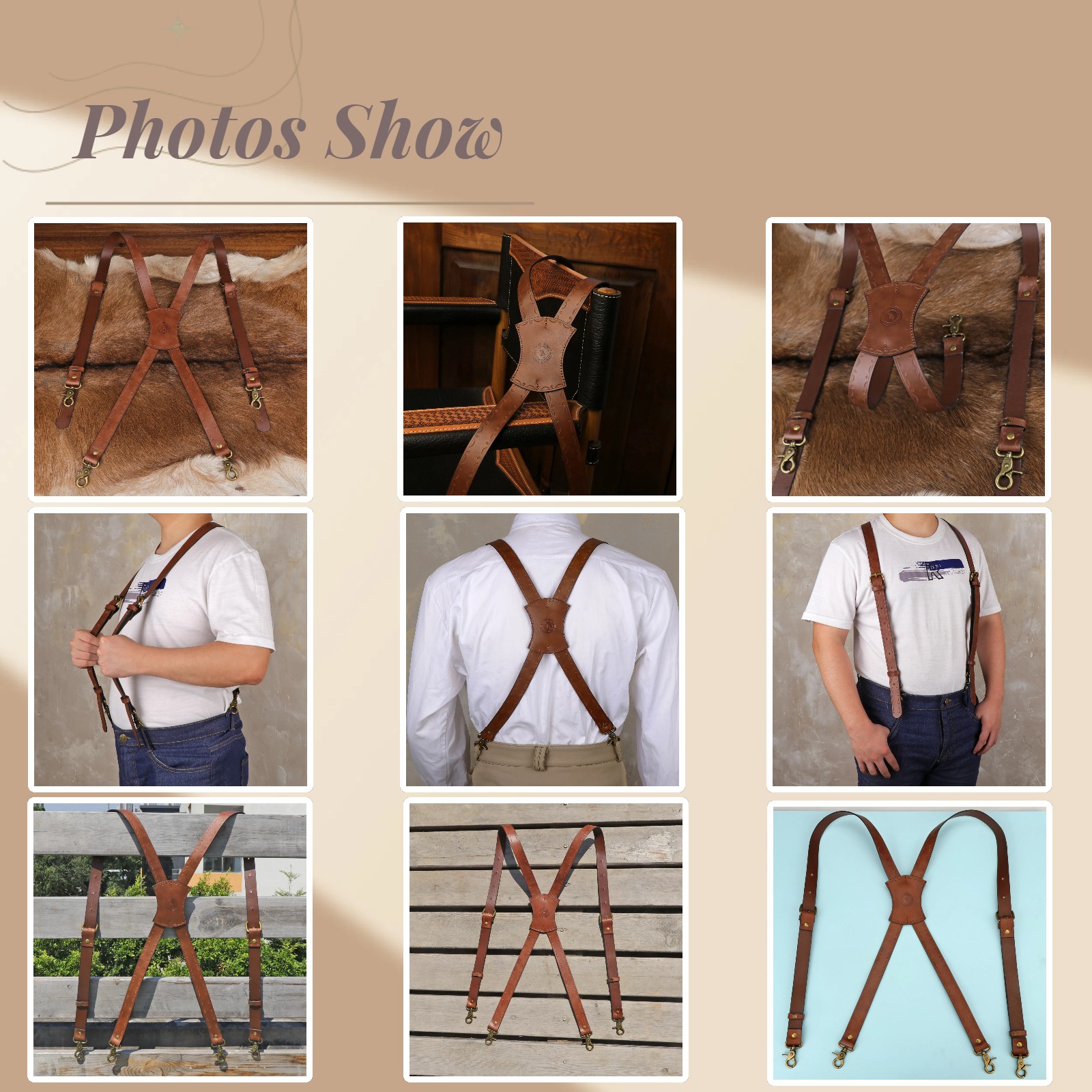 Tourbon Leather Men's Suspenders X Back Adjustable X-Shaped Hooks Pants Braces