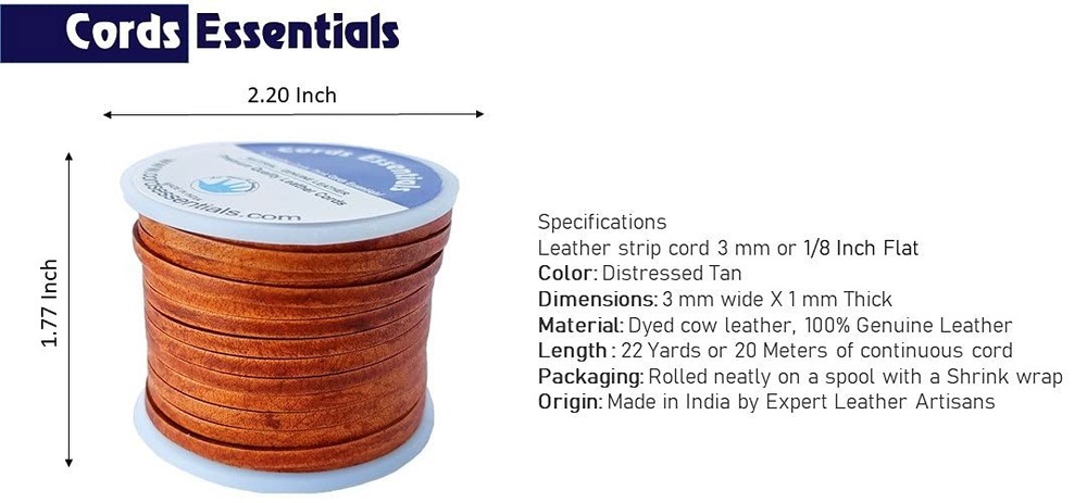 22 Yard 3mm Flat Leather Strip String Cord - Distressed Tan