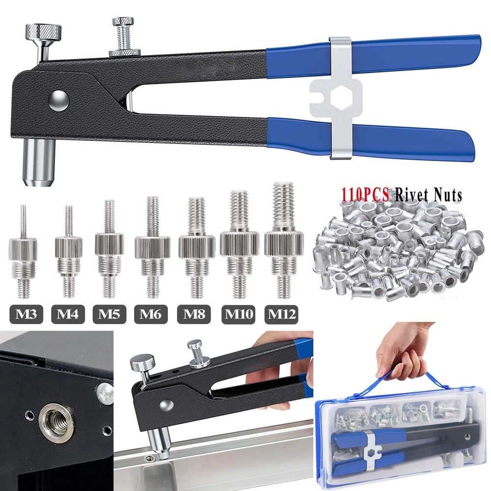 110pc Ribbed Rivet Nut Tool Kit Flat Head Threaded Insert Gun Threaded Mandrels