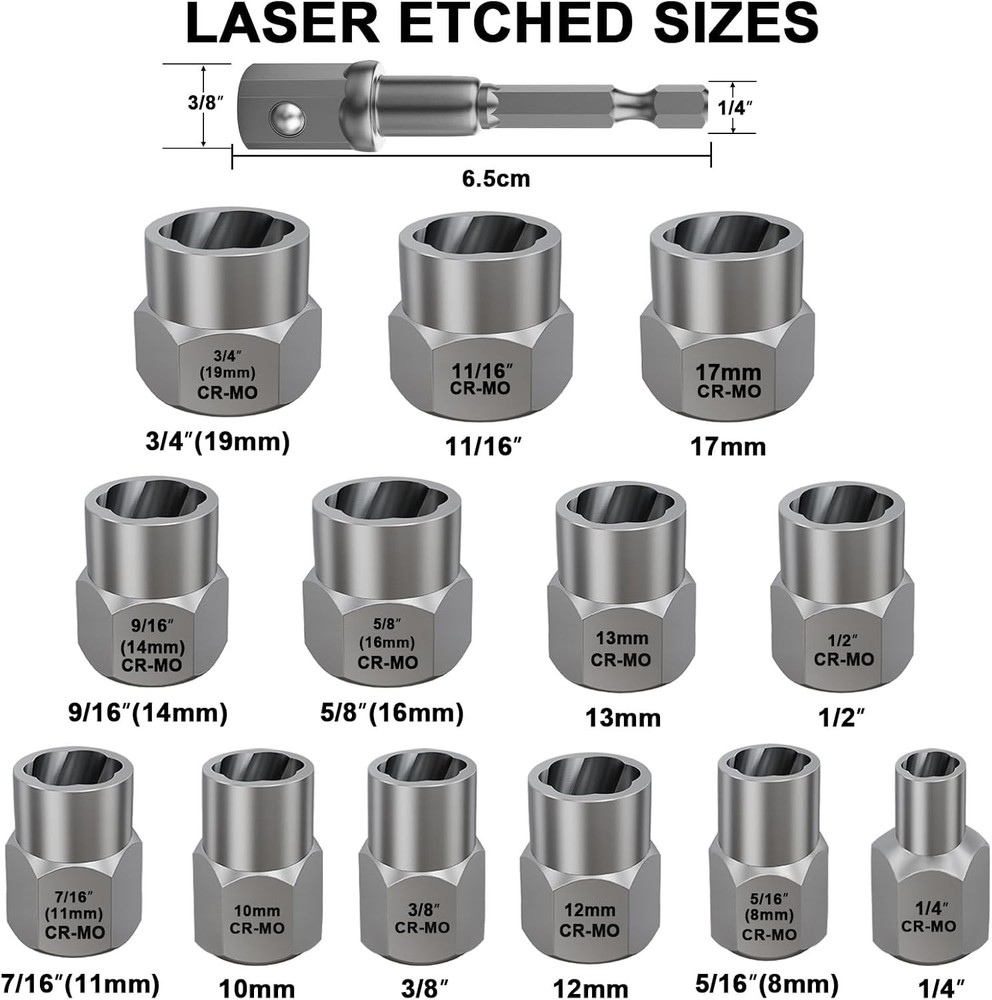 13+1 Piece Impact Bolt & Nut Remover Set, 3/8" Drive Bolt Extractor Socket Set