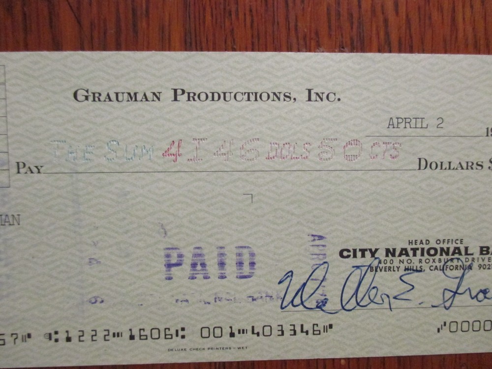 WALTER E. GRAUMAN ("Murder, She Wrote-"director) Signed 1976 Cancelled Check