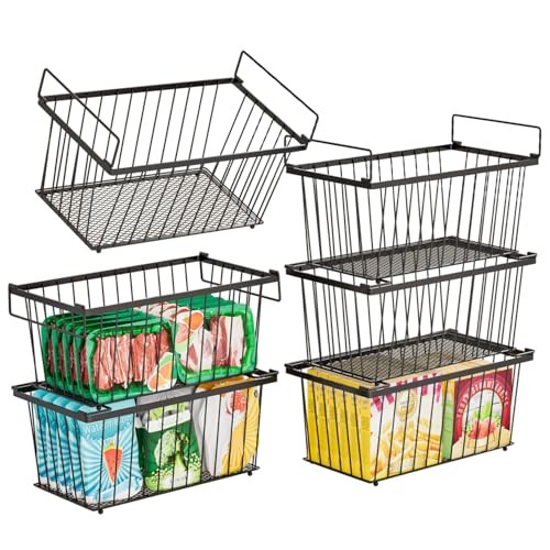 6 Pack Stackable Deep Freezer Organizer Bins ，Upgraded Bottom Leak Black 6 Pack