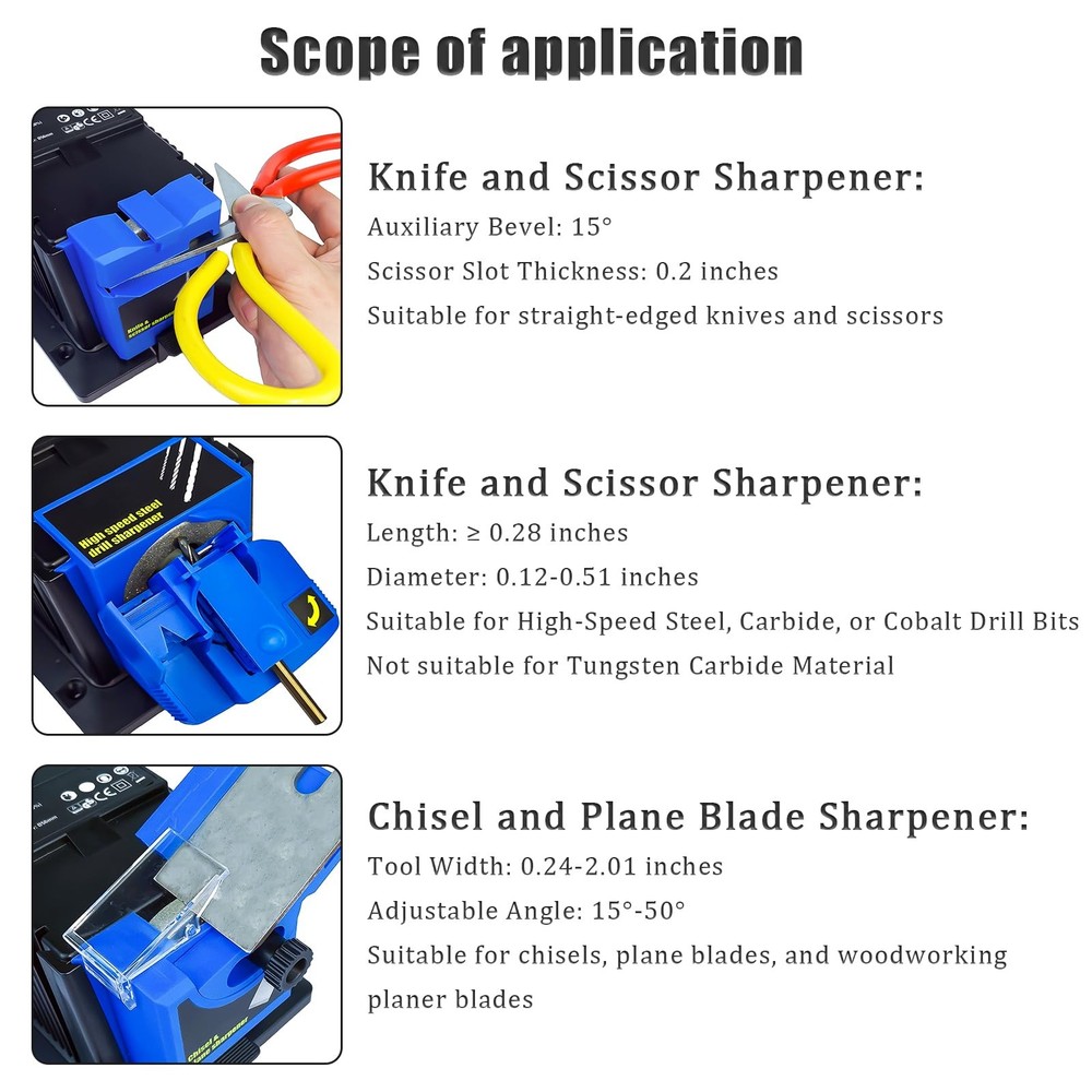 Electric Drill Bit Sharpener, 3-in-1 Multifunction Large, Blue