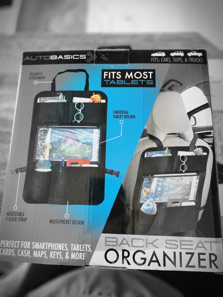 Auto Basics Back Seat Organizer w Multi-Pockets for Tablets, Bottles & Stuff NIB