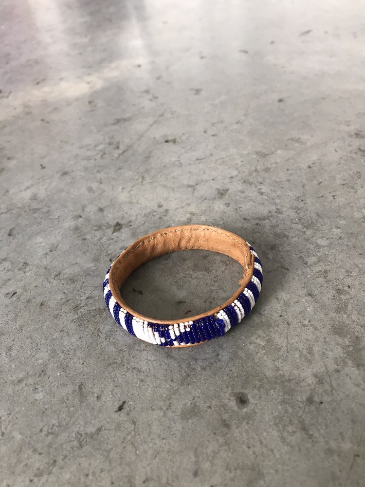 Handmade Blue White Beaded Leather Bangle Bracelet