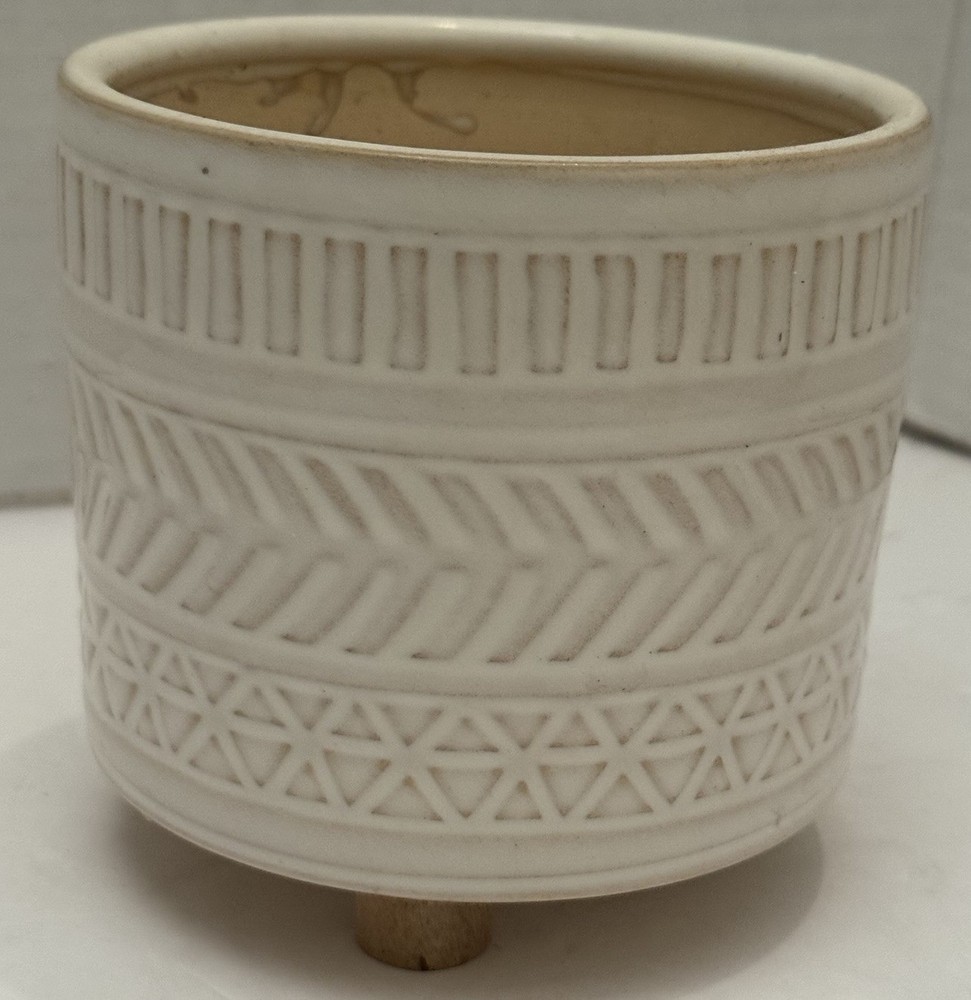 Footed White Geometric Ceramic Pot 4.5” Diameter  4.5” Height