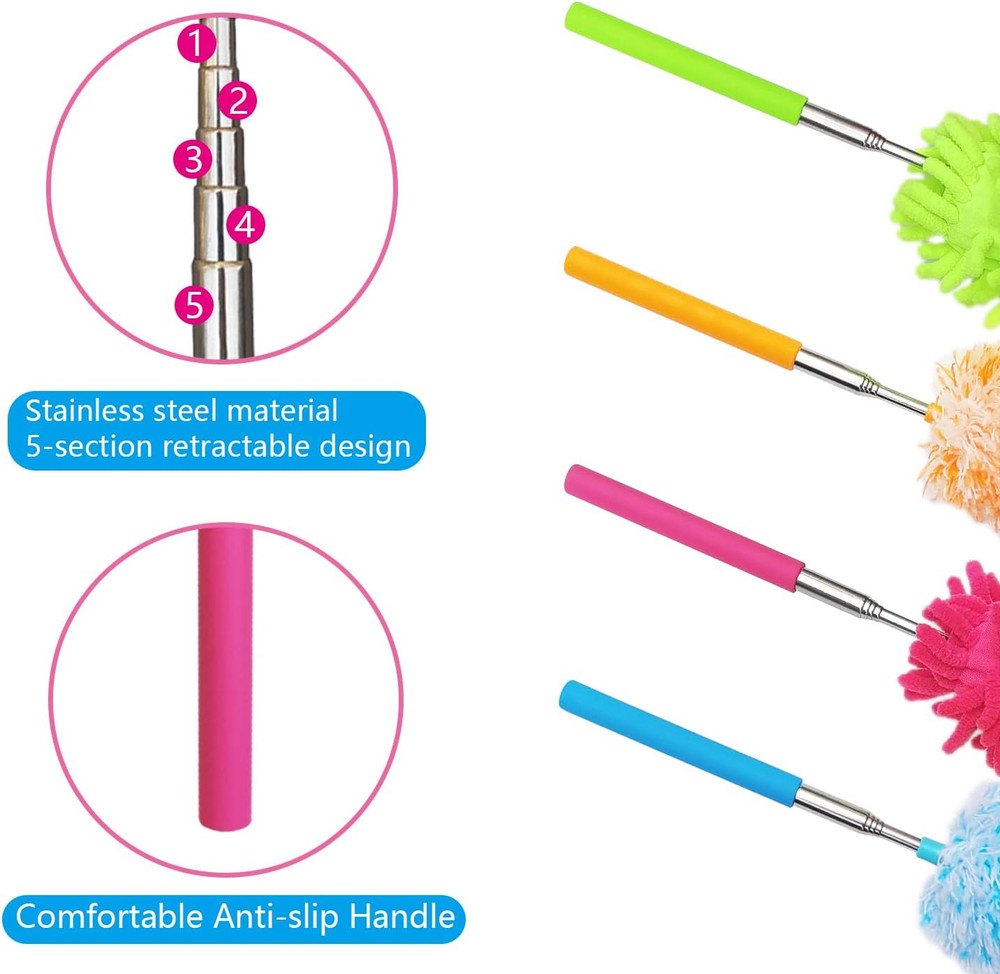 4 Pack 13" to 30" Extendable Feather Duster Kit, Washable Duster Head, Microfibe