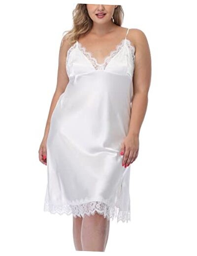 Women's Plus Size Satin Slip Nightgown Lace Chemise Lingeries Sexy 2X White