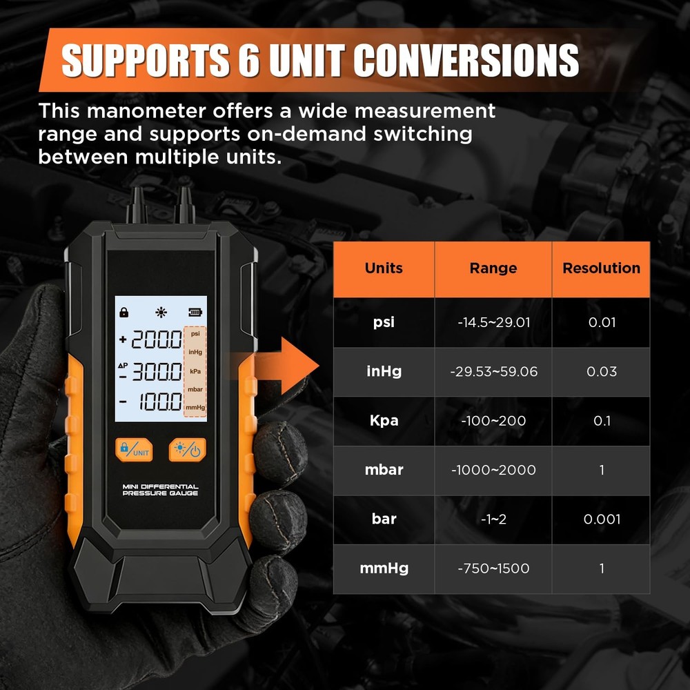 Digital Manometer -101~200kPa Gas Pressure Tester, Data Zero & Mini