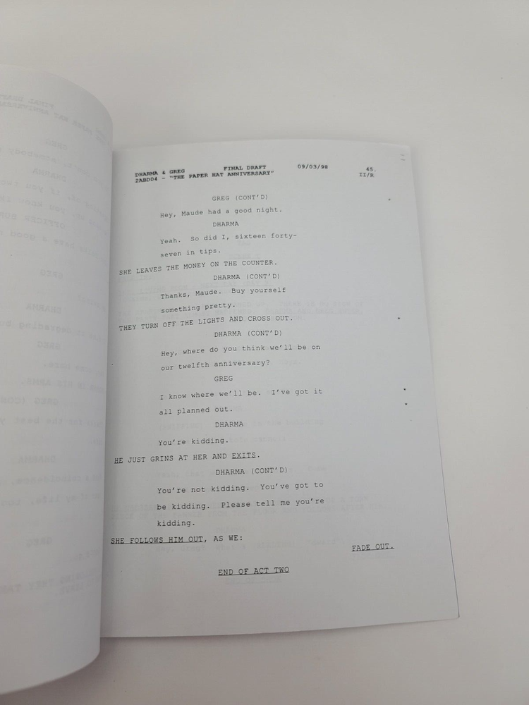 DHARMA & GREG / Bill Prady 1998 TV Script, Jenna Elfman "Paper Hat Anniversary"