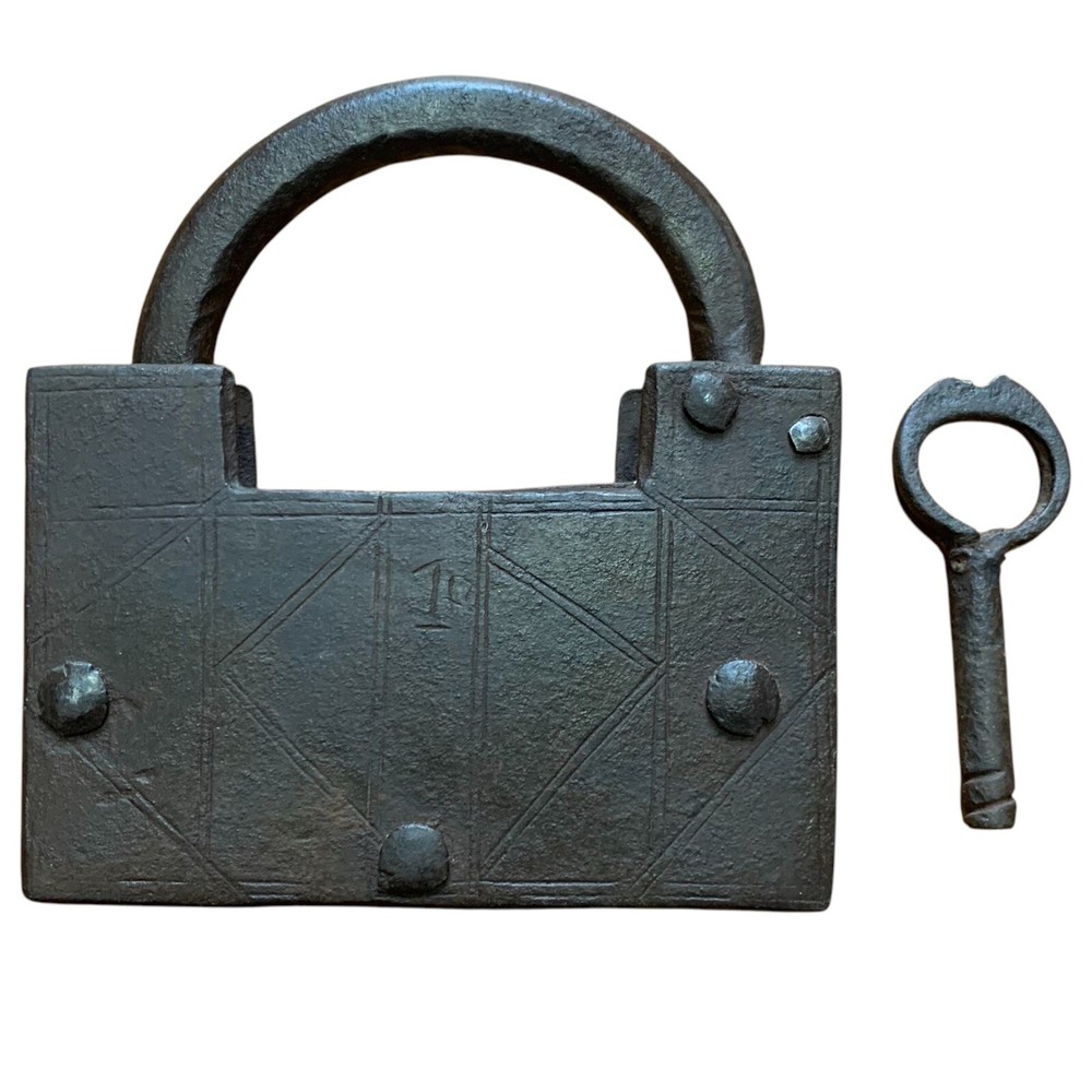18th C Iron Trick padlock or lock with SCREW TYPE ORIGINAL KEY.