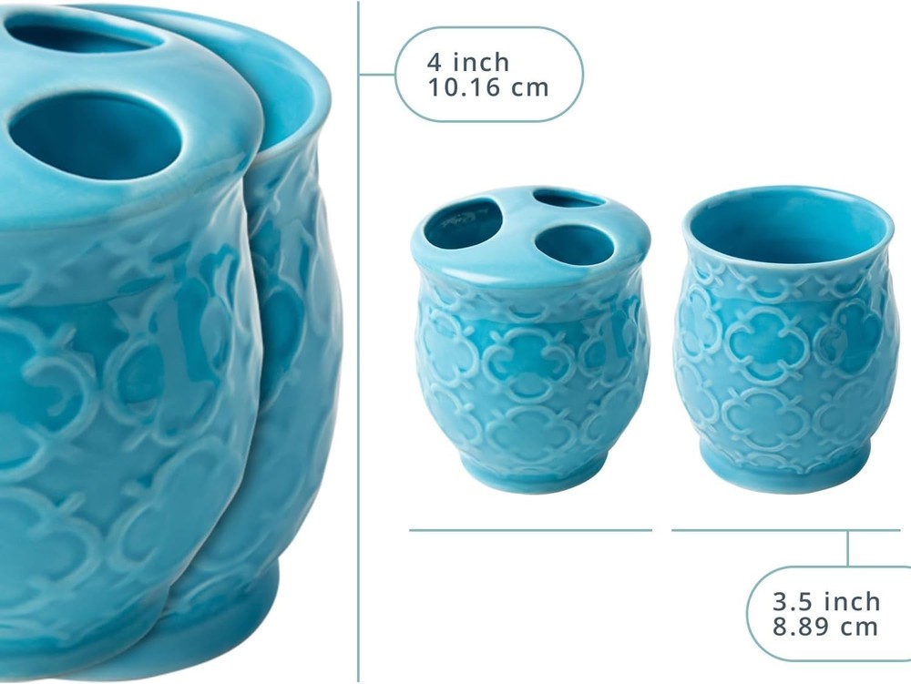 4-Piece Bathroom Accessory Set - Ceramic Bath Set with Blue Glossy Finis