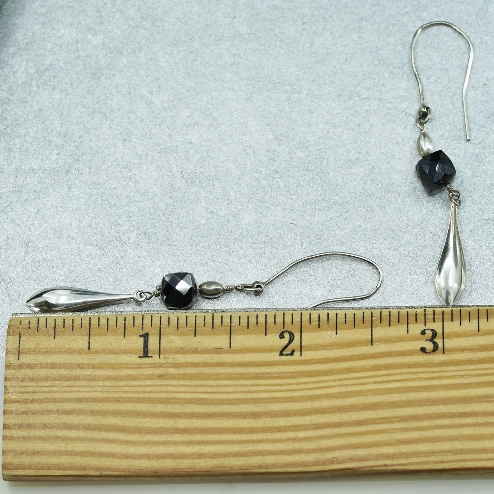Vintage Sterling 925 silver handmade rectangular earrings with obsidian