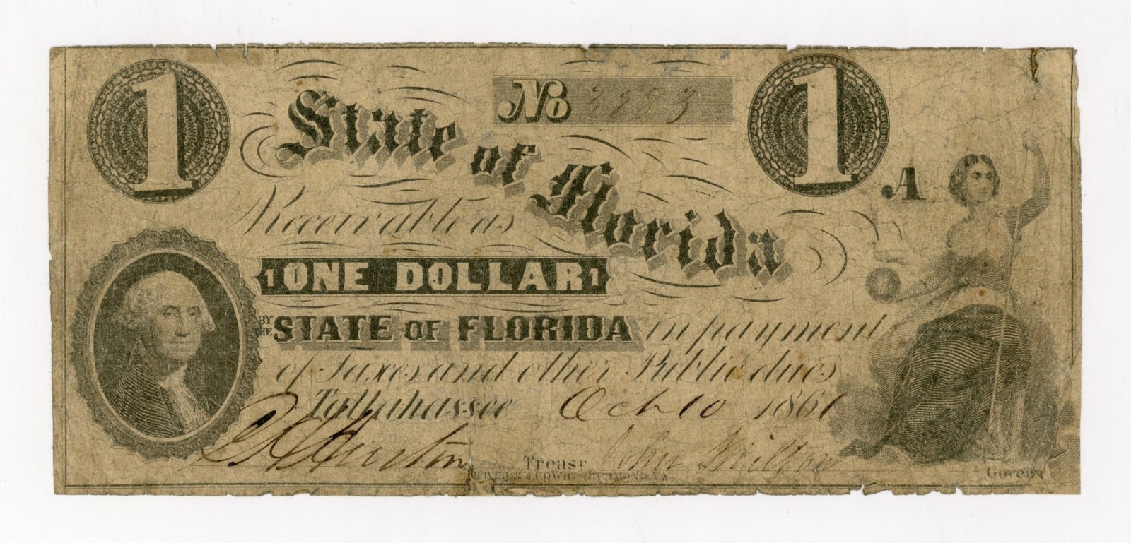 1861 Cr.9 $1 The State of FLORIDA Note - CIVIL WAR Era