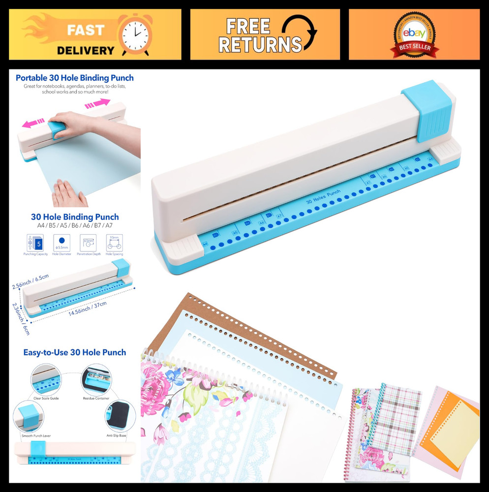 30-Hole Paper Punch & Binding Machine for A4 A5 A6 Binders, Portable 5-Sheet Cap