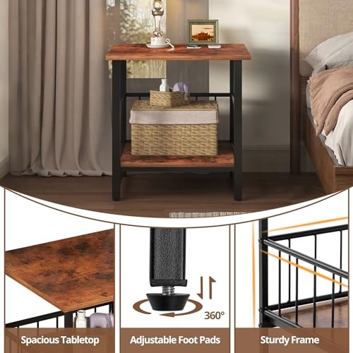Industrial Night Stand8” Square Side Table with Open Storage 1 Rustic Brown
