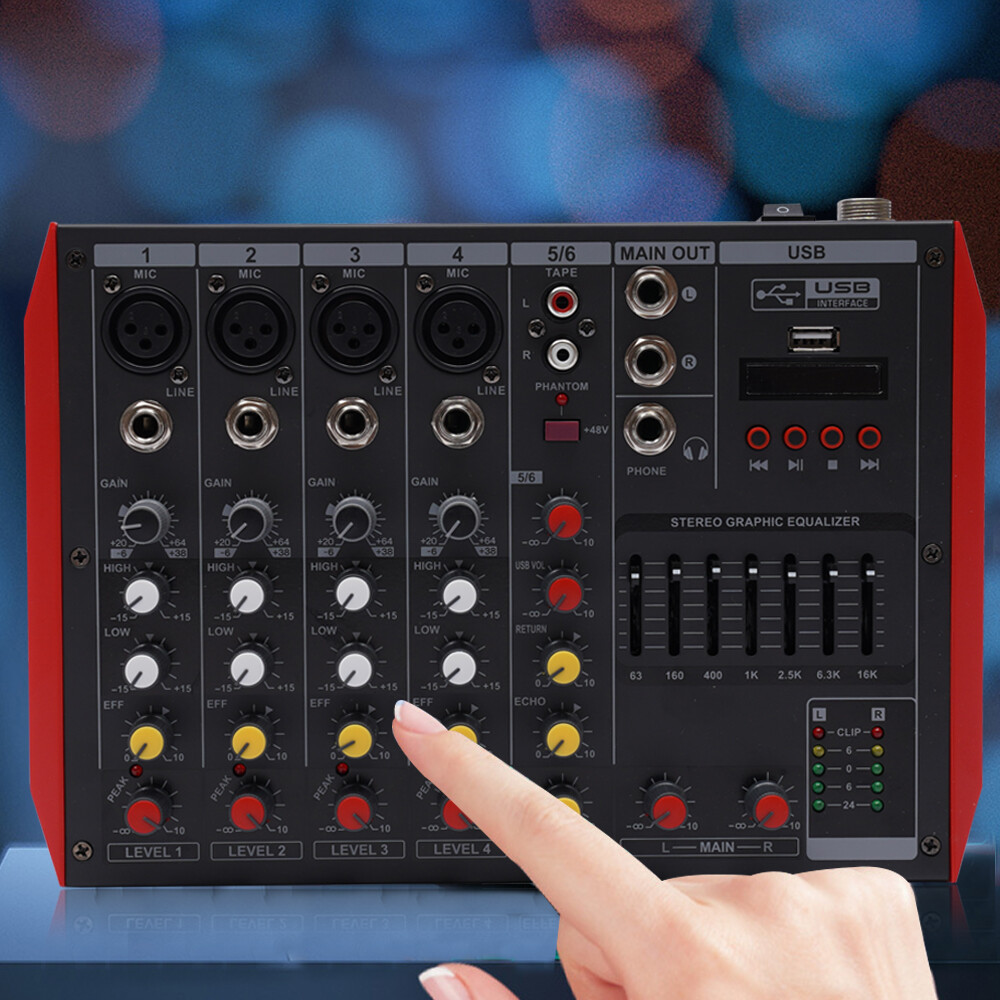 6 Channel Mixing Console Sound Live Studio Audio Mixer USB Bluetooth