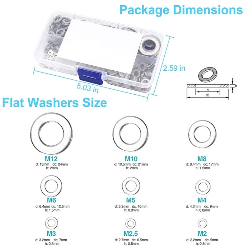 800Pcs Sturdy Stainless Steel Flat Washers Assortment Set Multiple Size