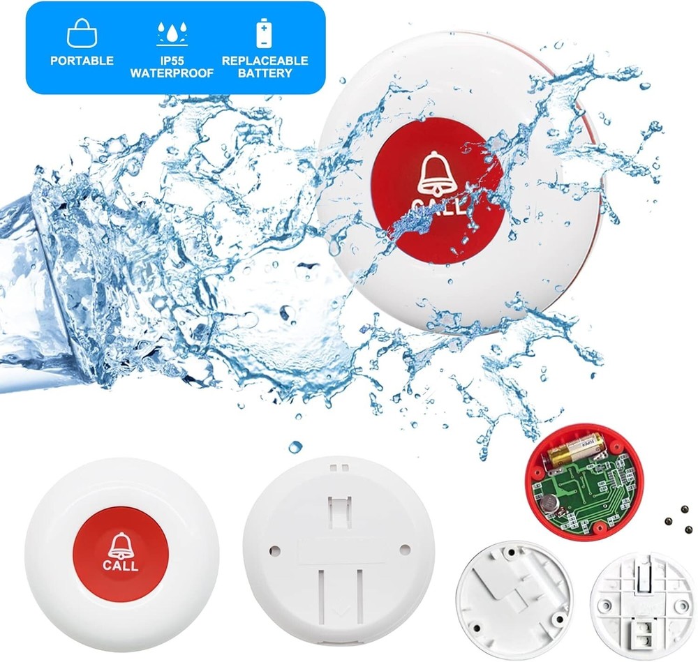 Waterproof Call Button and Receiver System for Caregivers - 55 Ringtones