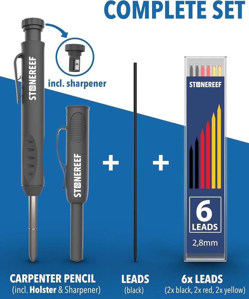 Carpenter Pencil Set with Sharpener & 7 Refills – Deep Hole Marker Mechanical.